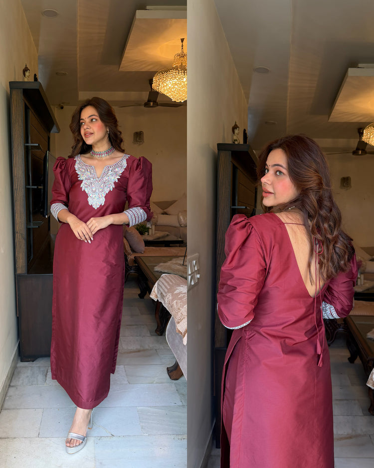 Maroon silk embroidery kurta pants set