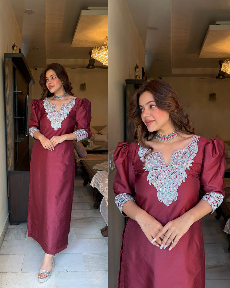 Maroon silk embroidery kurta pants set