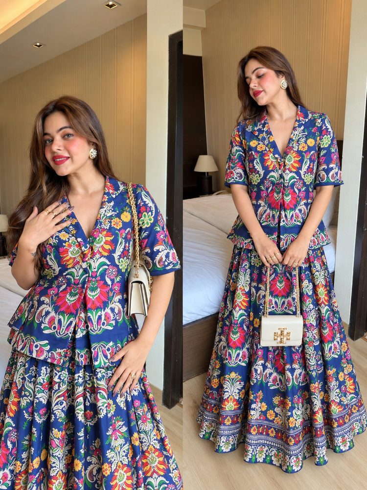 Blue printed skirt blazer skirt set