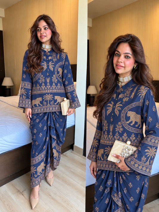 Drape skirt kurta blue printed set