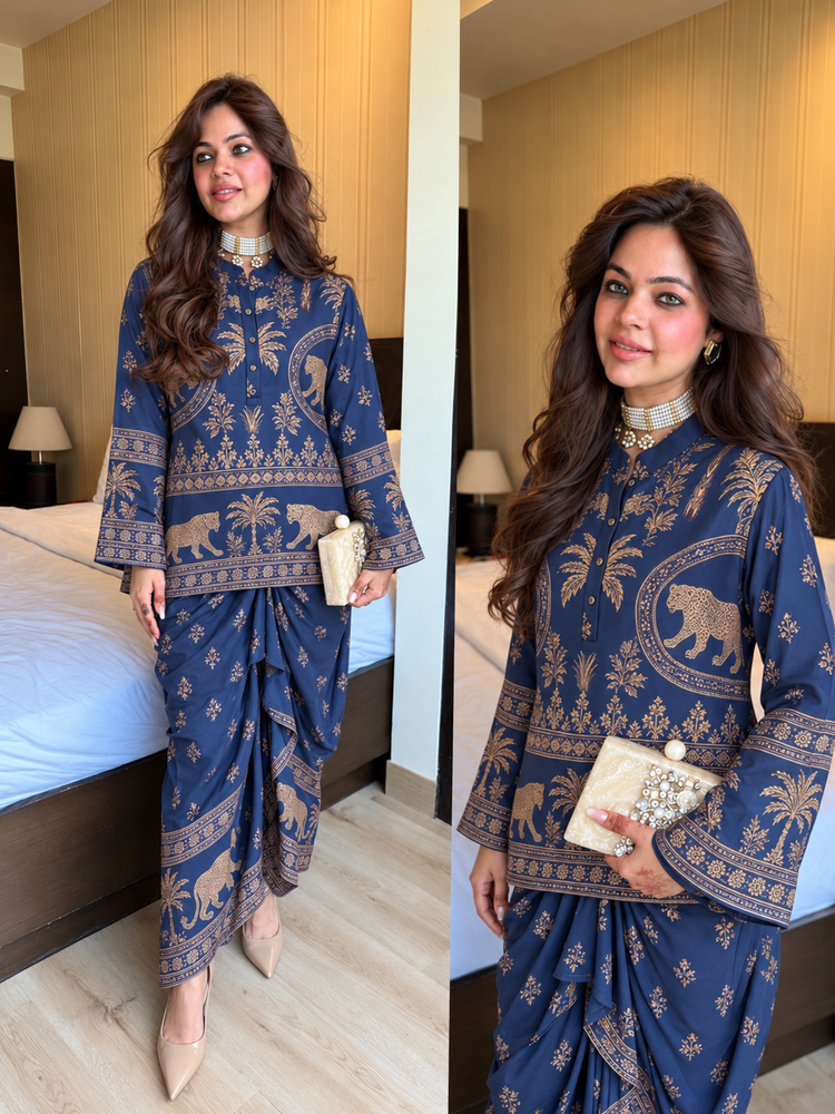 Drape skirt kurta blue printed set