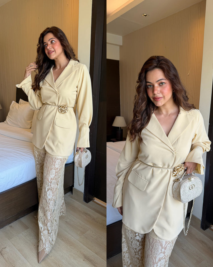 Vanilla cream selft net pants blazer set