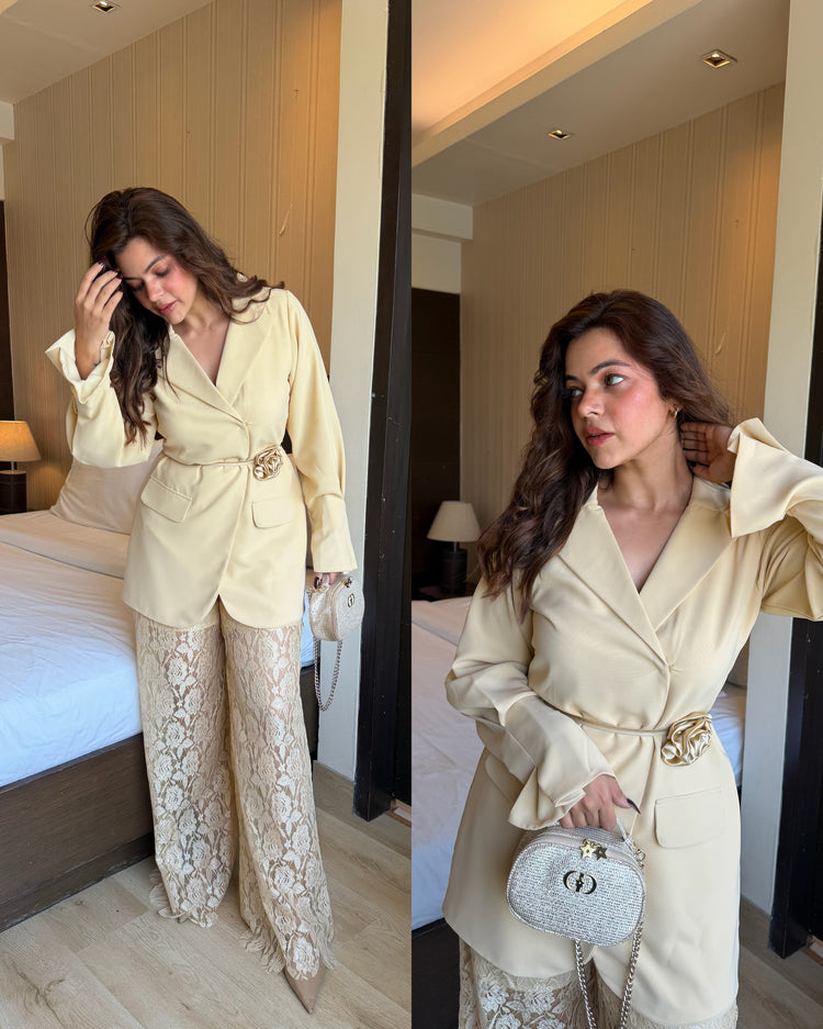 Vanilla cream selft net pants blazer set