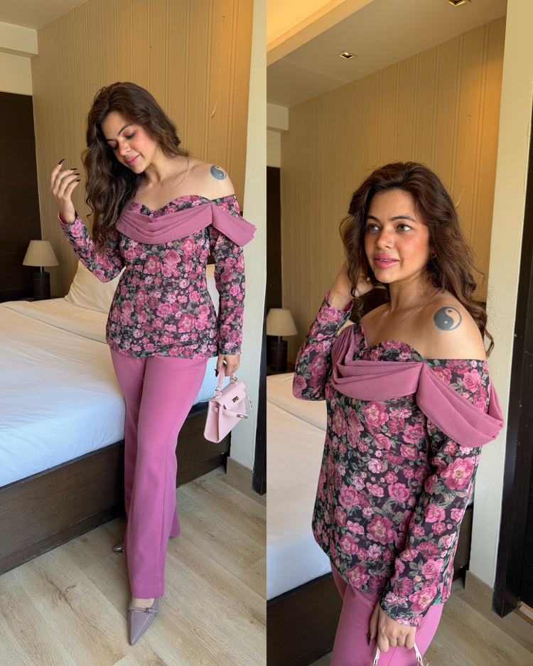 Dusty pink floral bell bottom set