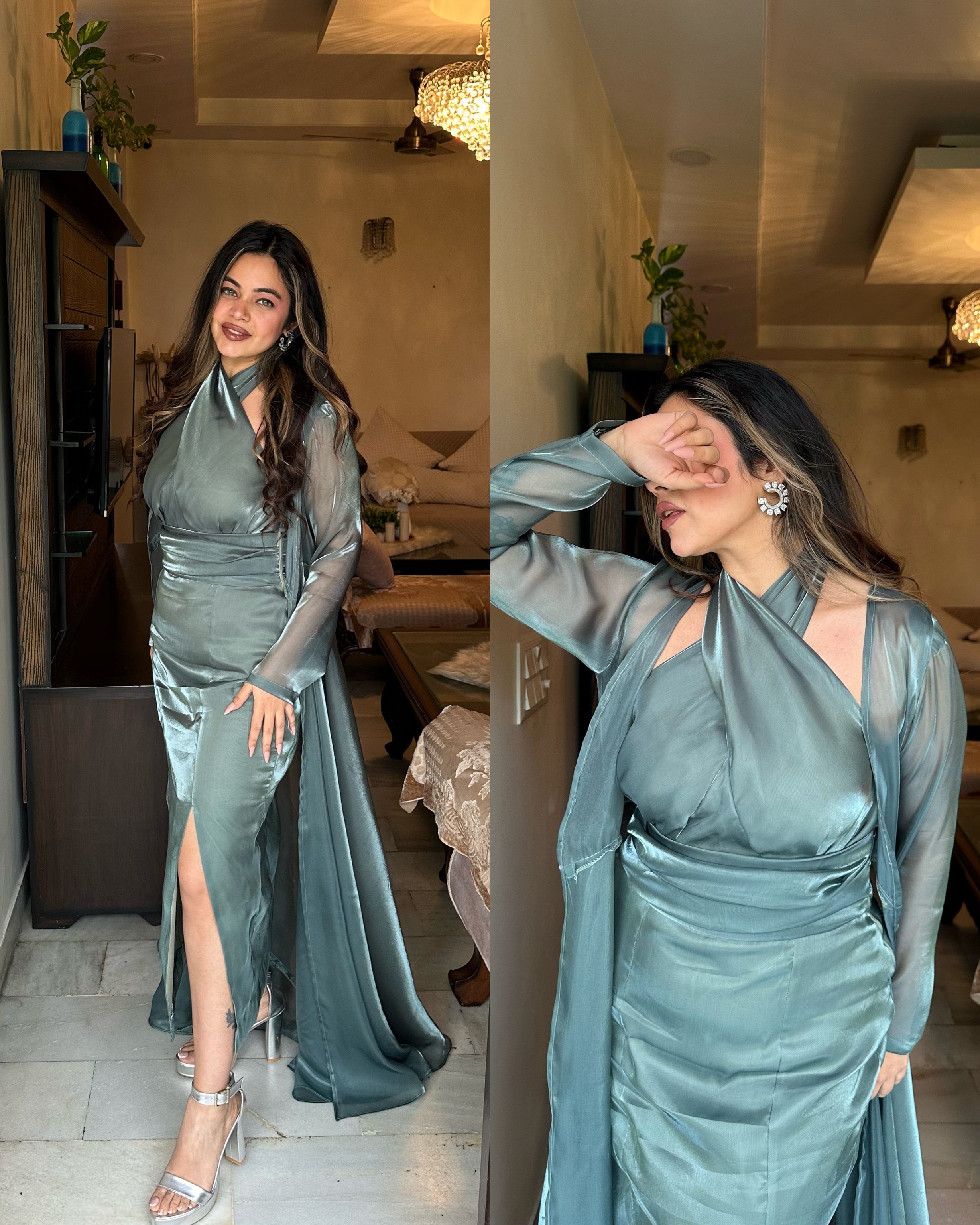 Dusty cyan cocktail organza set – SRISHTI