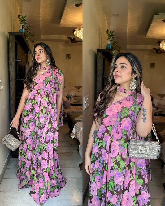 Pink green floral asymmetrical set