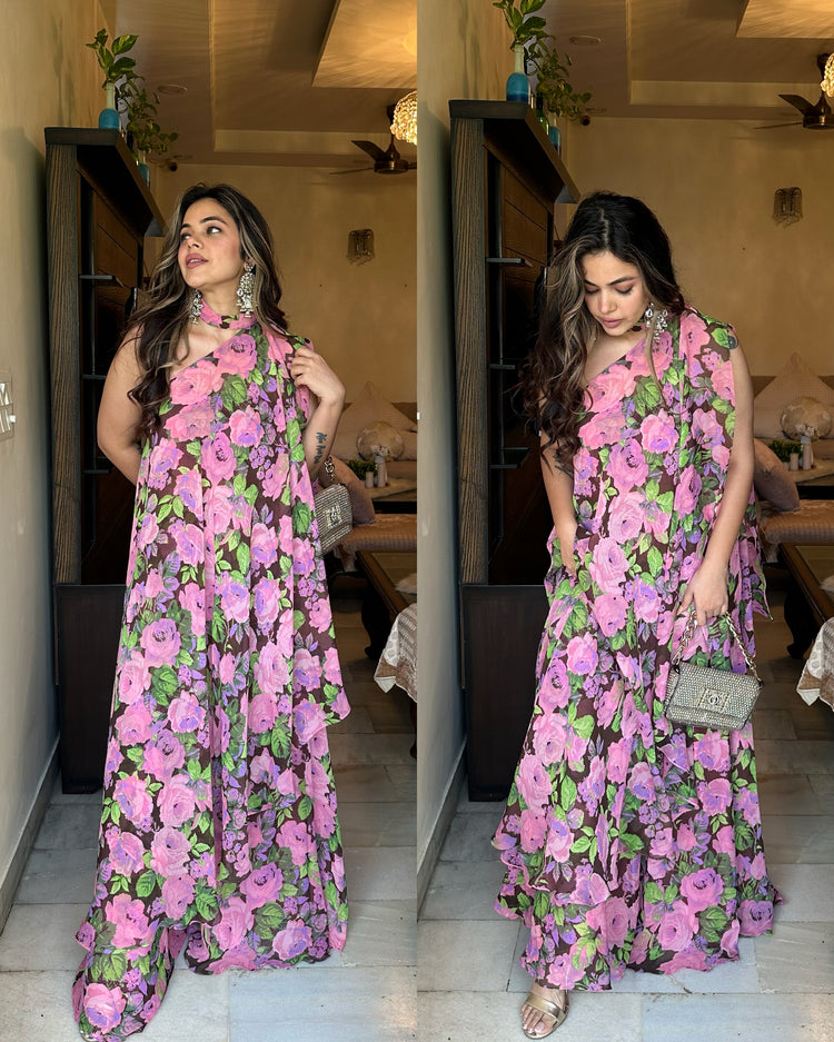 Pink green floral asymmetrical set