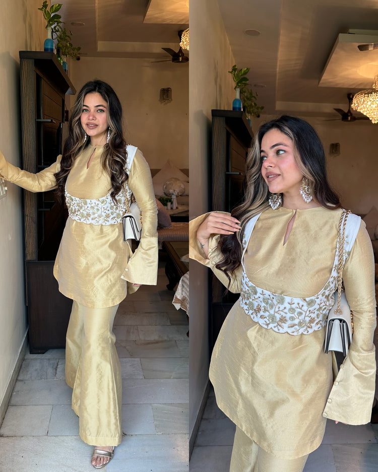 Golden white koti silk set