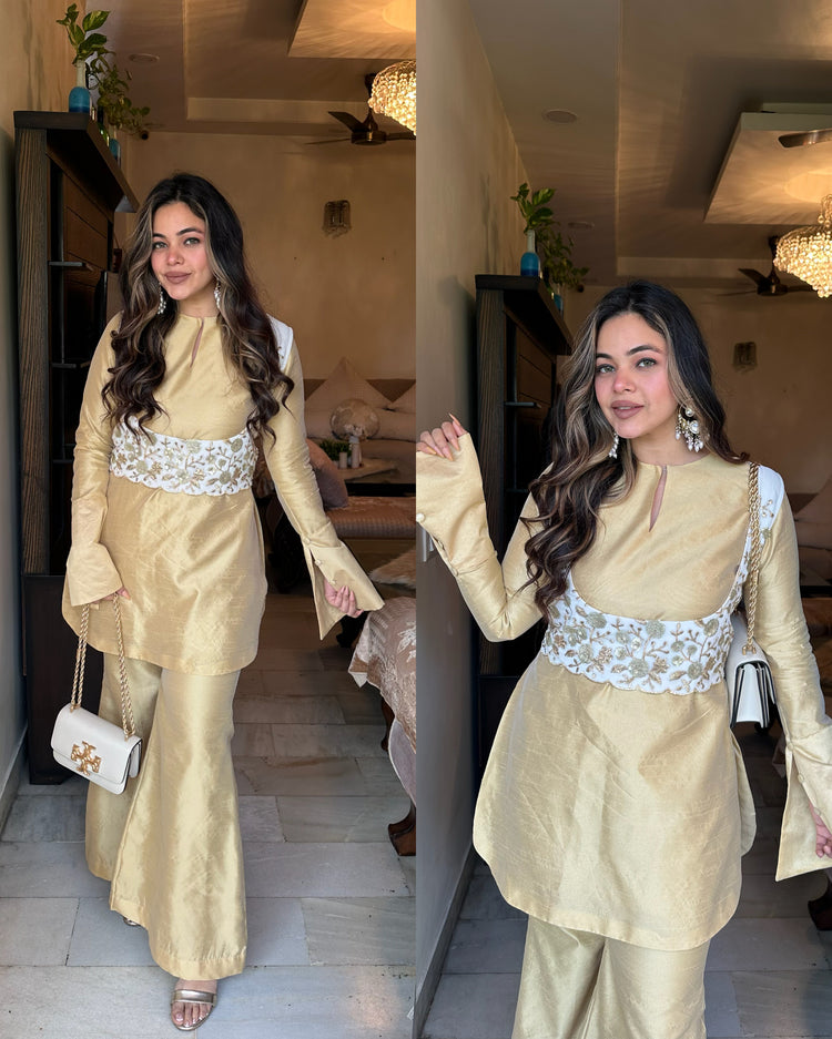 Golden white koti silk set