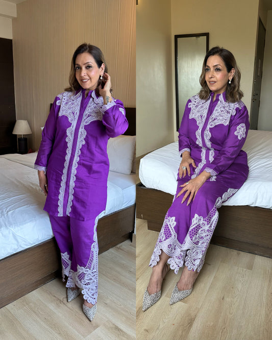 Purple white embroidered cotton set