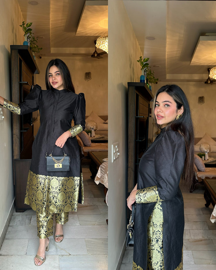 Black silk straight kurta pants set