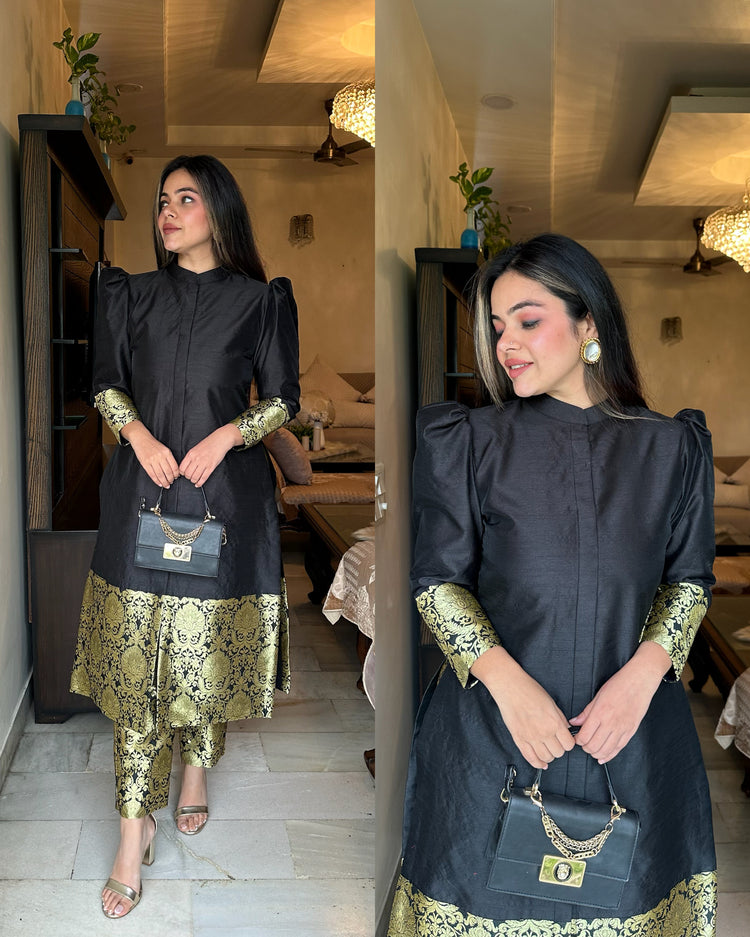 Black silk straight kurta pants set