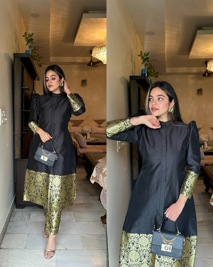 Black silk straight kurta pants set