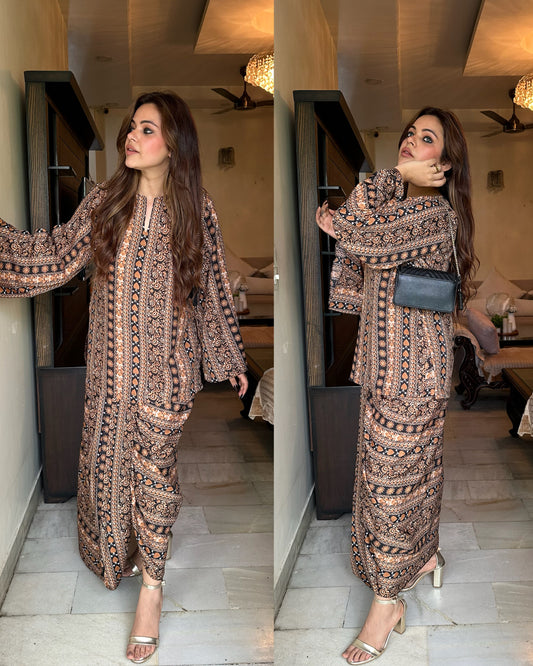 Black printed lungi set