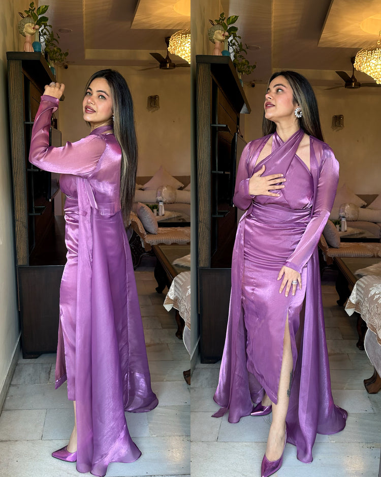 Pearly purple cocktail gown cape set