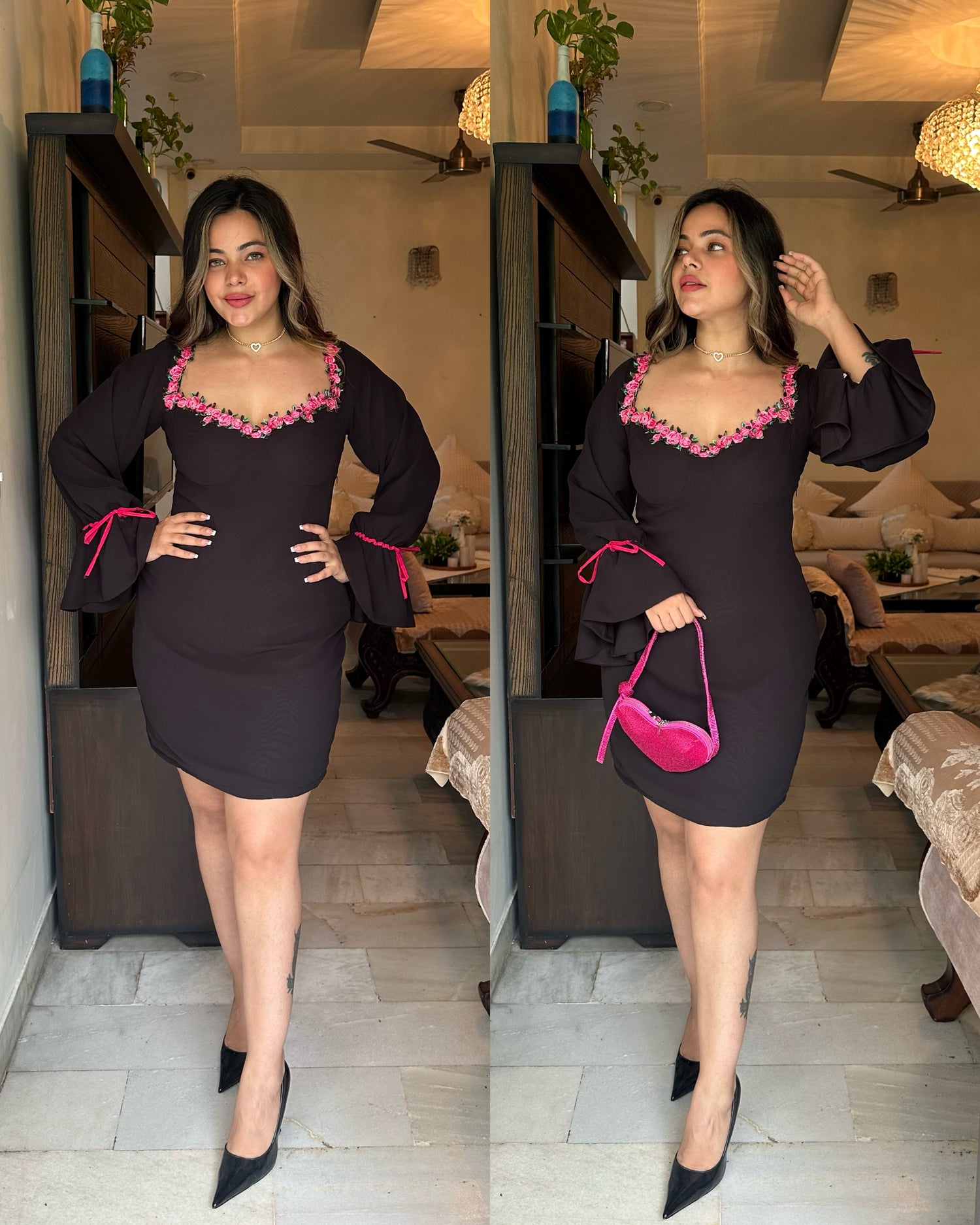 Black pink floral neckline dress – SRISHTI