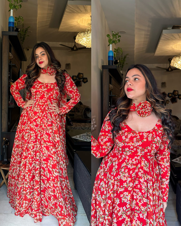 Red printed anarkali