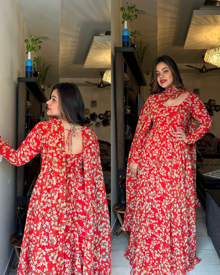 Red printed anarkali