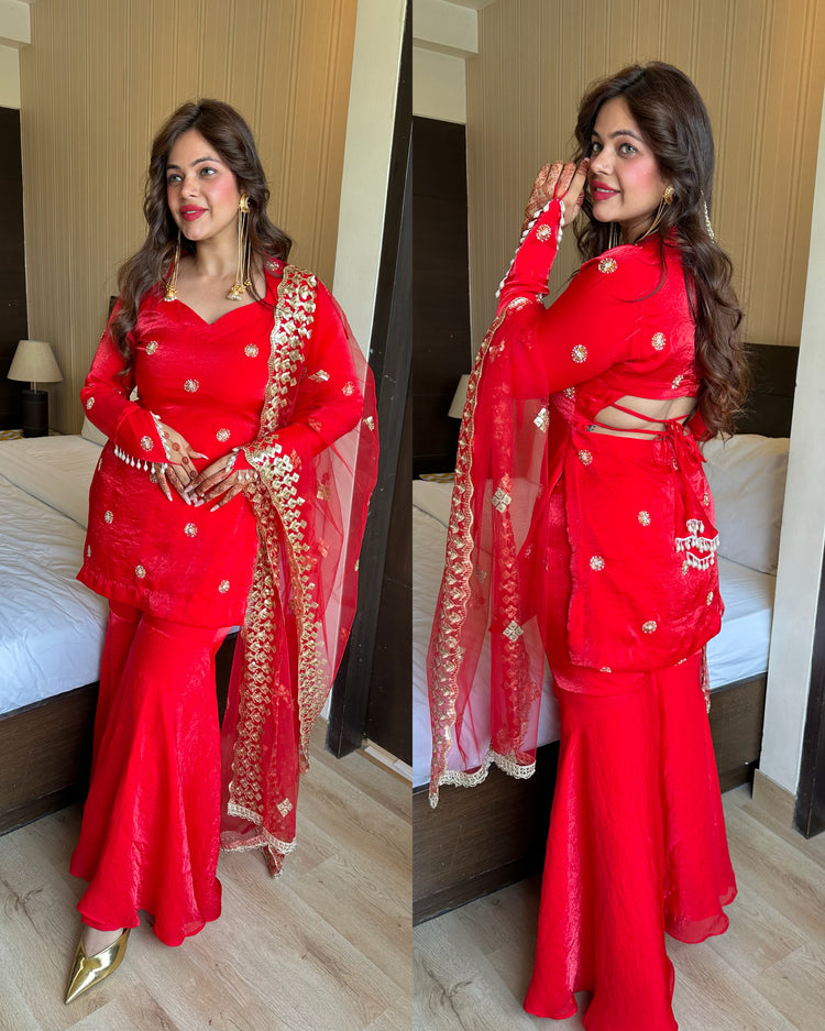 Red chinnon karwachauth handcuff suit
