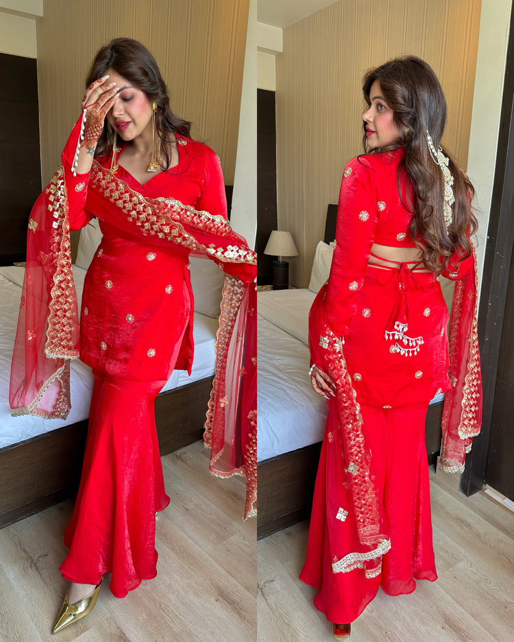 Red chinnon karwachauth handcuff suit