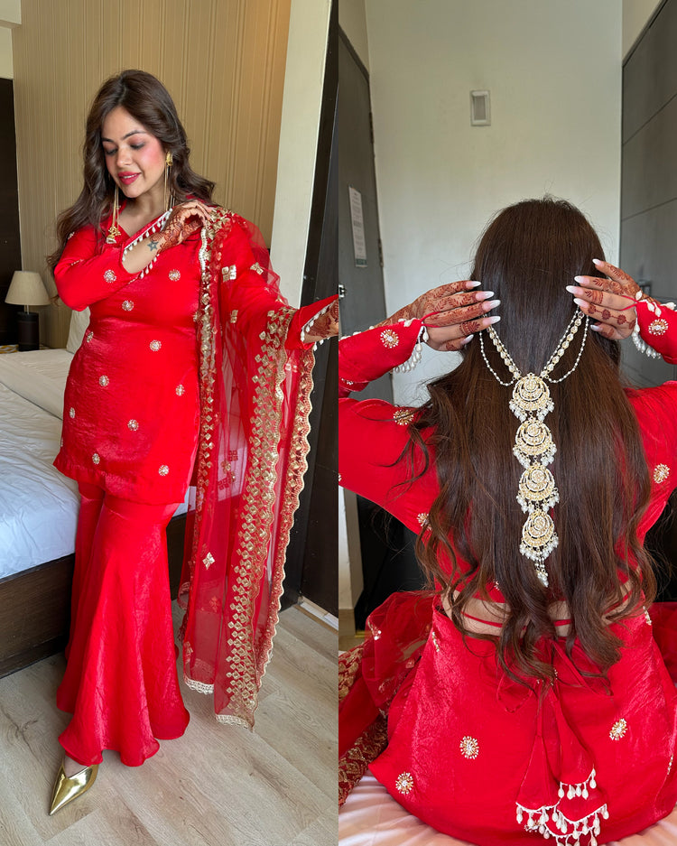Red chinnon karwachauth handcuff suit