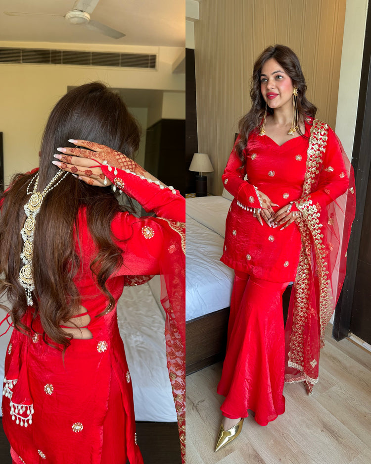 Red chinnon karwachauth handcuff suit
