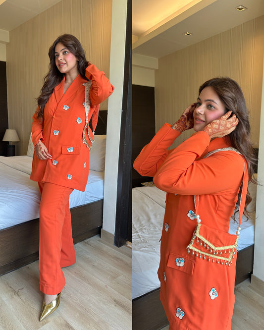 Burnt orange blazer set with bag