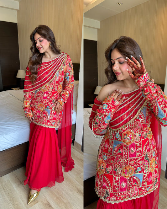 Red attach duppata drape suit