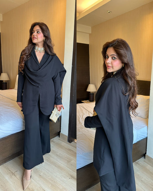 Black power suit with drape