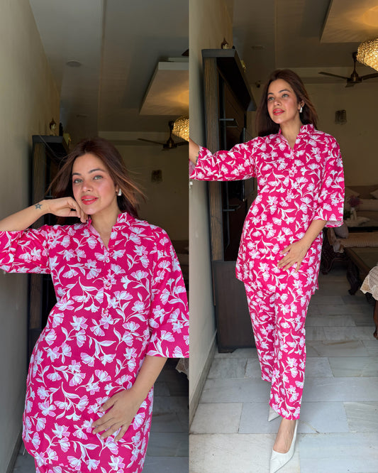 Pink printed cotton co ord set