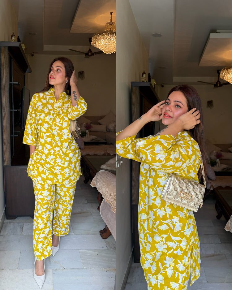 Yellow printed cotton co ord set