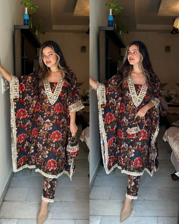 Brown printed mirror kaftan set