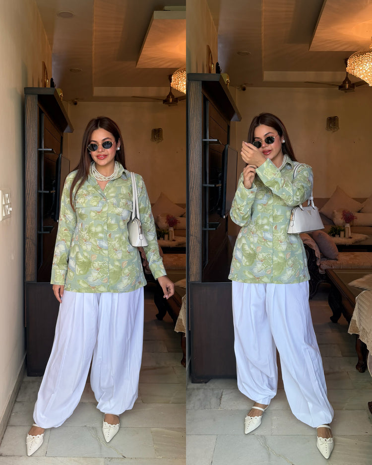Green white balloon pants set