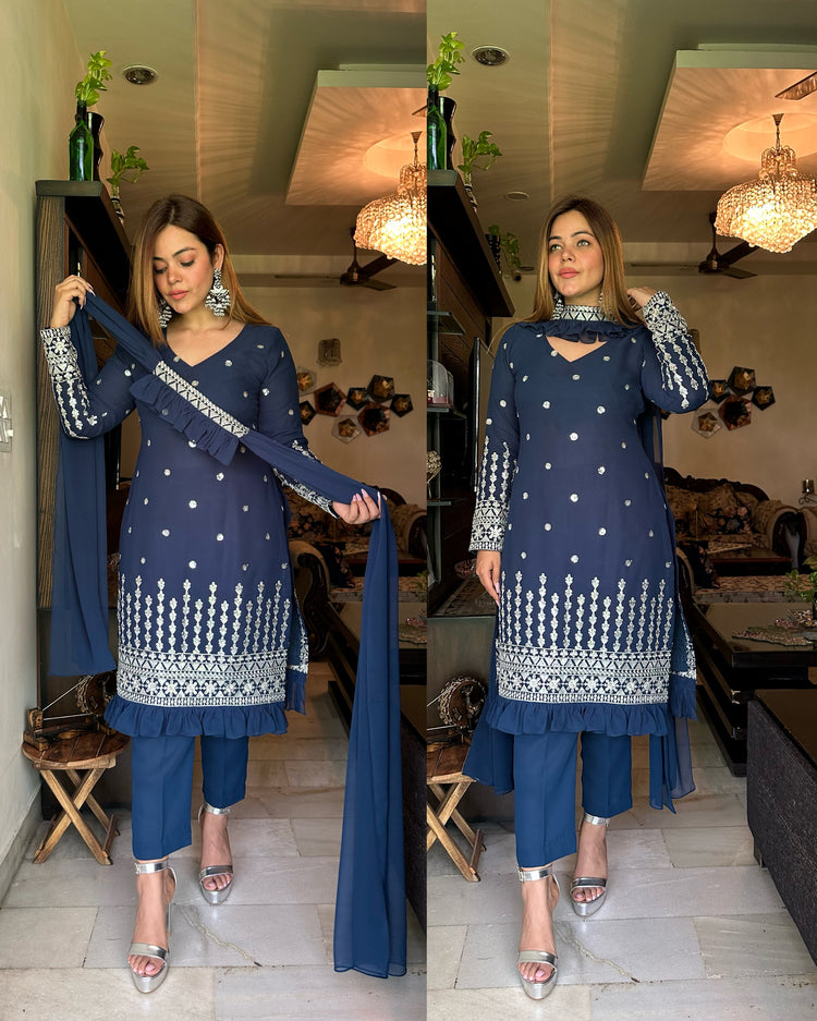 Navy blue embroidered suit