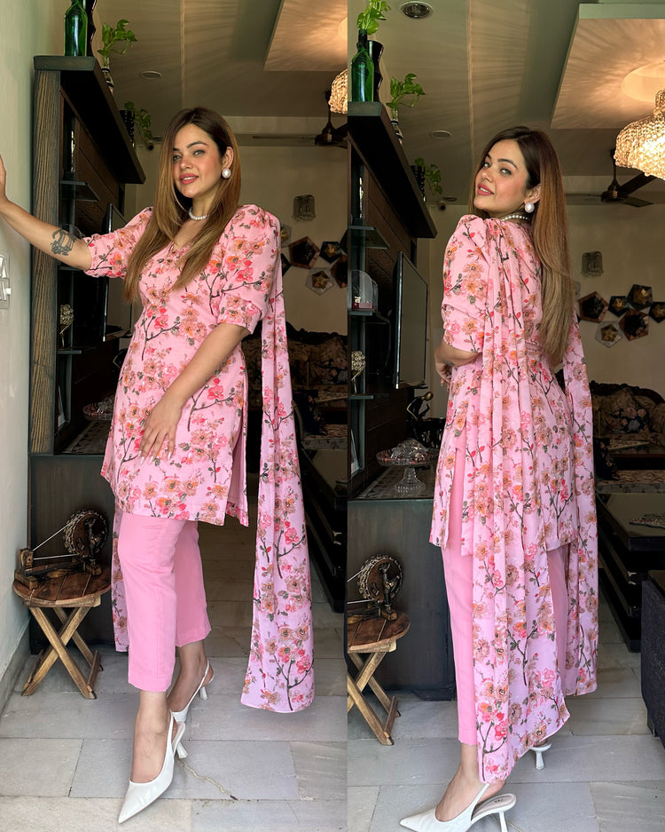 Pink floral attached duppata suit