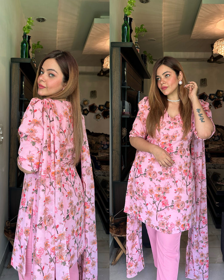 Pink floral attached duppata suit