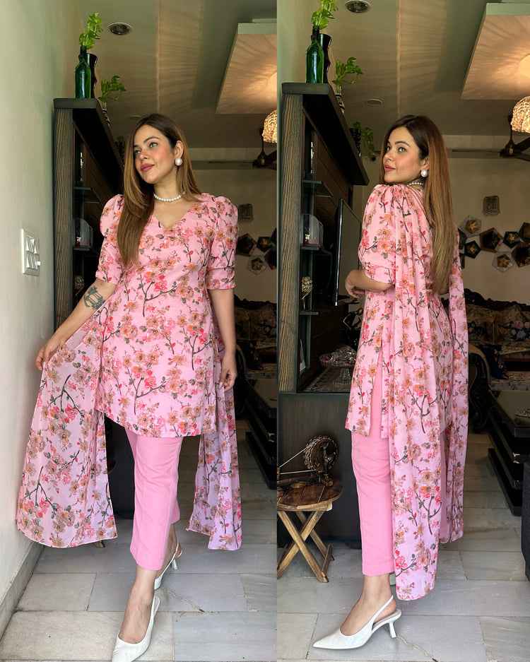 Pink floral attached duppata suit