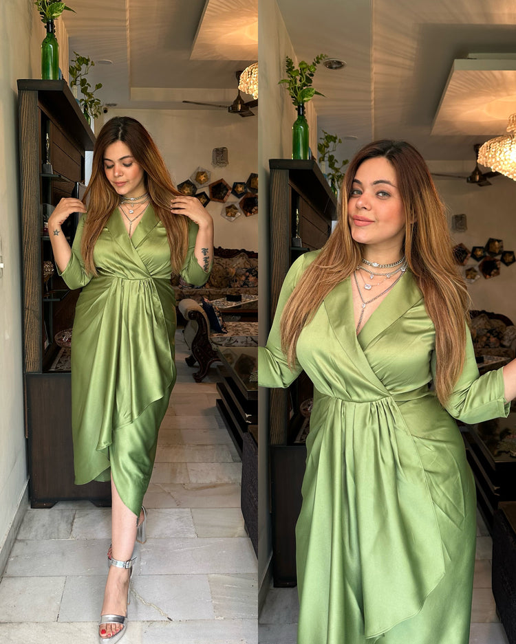 Green satin drape dress