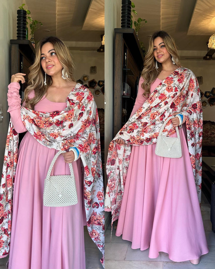 Pink anarkali floral duppata